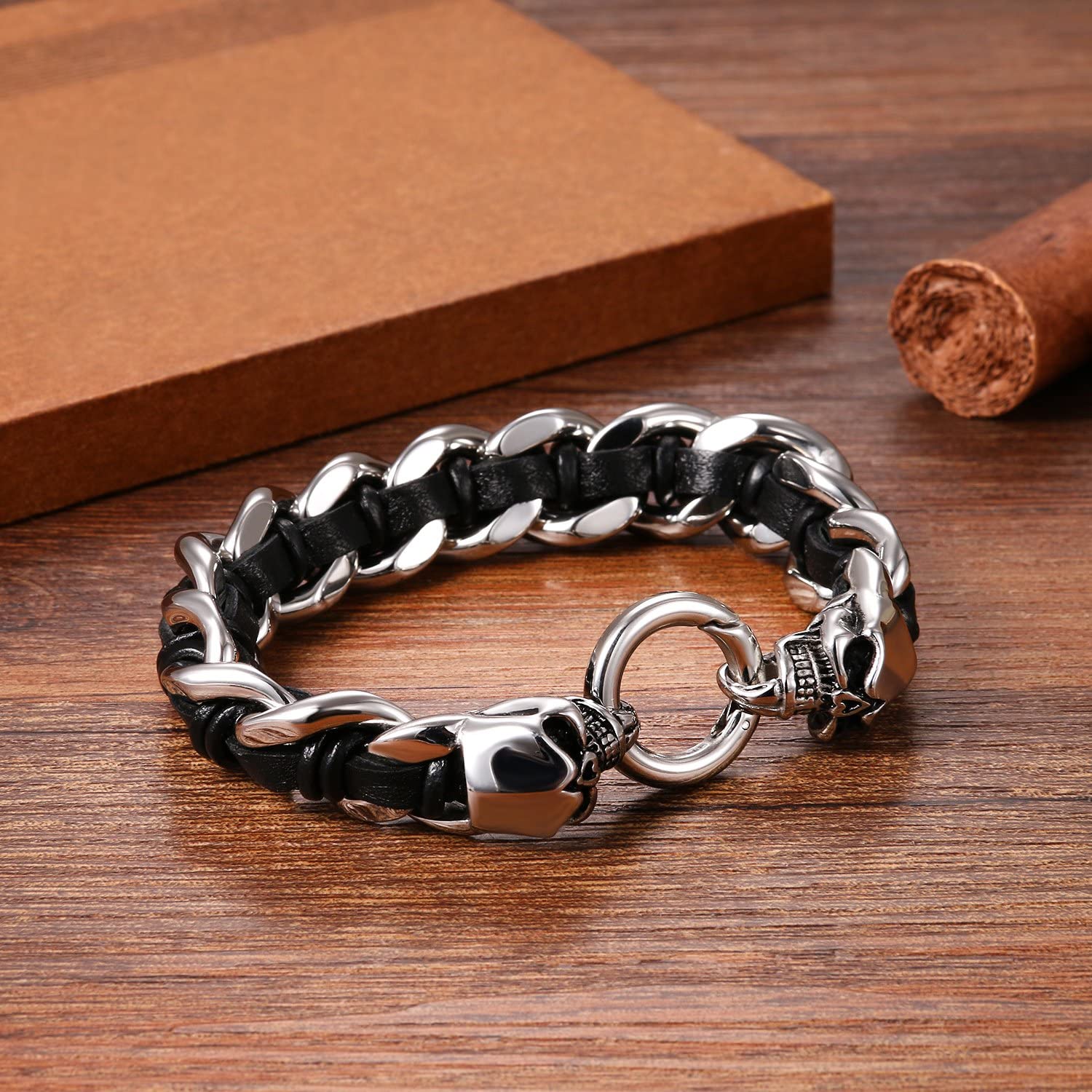 Cupimatch Men's Stainless Steel Biker Skull Leather Curb Chain Interwoven Bracelet, 8.7 Inch, Type 3, 22 centimeters - Image 3
