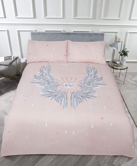 Rapport Angel Wings Glitter Double Duvet Quilt Cover Bedding Set Blush Pink, Polycotton