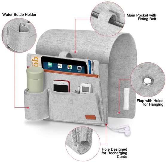 Simboom Felt Bed Pocket Anti-slip Hanging Storage Organizer with Water Bottle Holder for Home Bed Rails, Sofa, Bunk Beds - Dark Grey - Image 3