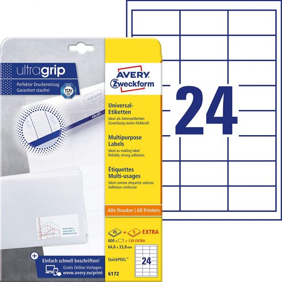 Avery 6172 self-adhesive label - self-adhesive labels (White, Rectangle, 64.6 x 33.8 mm, A4, Paper, Universal)