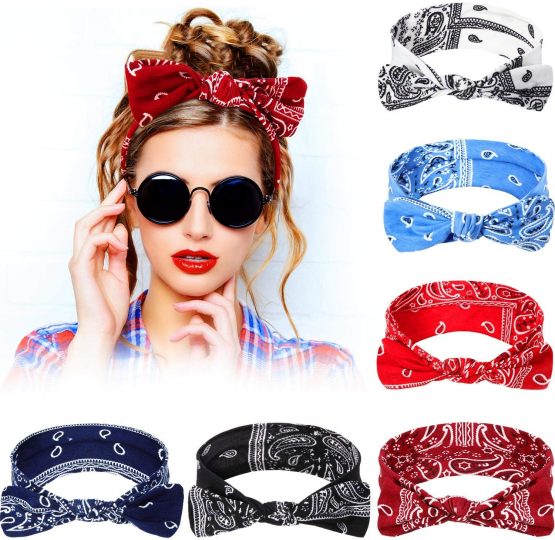 6 Pieces Paisley Headbands Boho Bow Bandana Knot Headwrap Retro Flower Printed Elastic Rabbit Ear Hairband for Girls and Women 6 Colors - Image 2