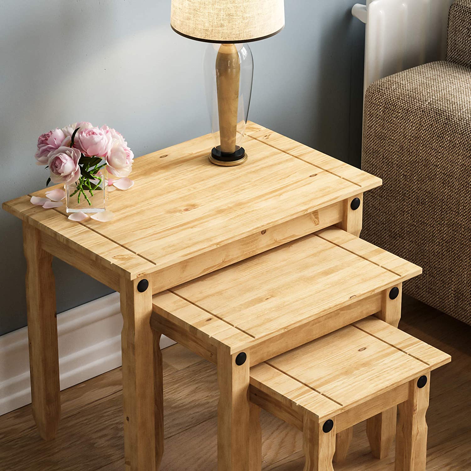 Vida Designs Nest Of Tables, End Table, Rectangular, Waxed Solid Pine Wood, Traditional, Rustic, 28.5 x 60 x 50 - Image 3