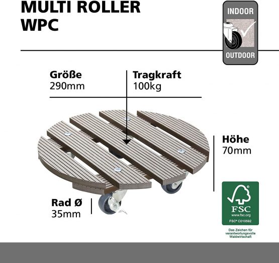 WAGNER Plant trolley WPC Ø 29 x 7 cm I Plant & Flower trolley for indoor + outdoor use I Container trolley made of FSC® wood plastic composite, taupe I 2 breaks I Load capacity 100 kg - 20053601 - Image 4