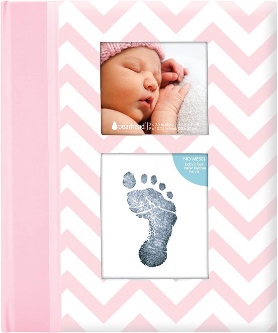 Pearhead First 5 Years Chevron Baby Memory Book with Included Clean-Touch Baby Safe Ink Pad to Create Baby's Handprint or Footprint, Keepsake Milestone Journal, Beautiful Gift for Any New Mum, Pink