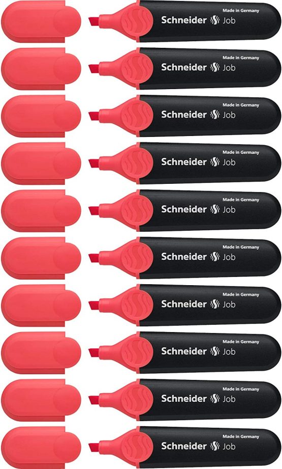 Schneider Highlighter Job 150, refillable, Non-Fading, with Clip, Red, Pack of 10