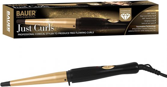 Bauer 38870 Tourmaline Coated Curling Wand / Produces Professional Looking Curls For All Hair Types / 13mm to 19mm Cone Shaped Barrell / 180° Heat / 360° Swivel Cord / Cool Touch Tip
