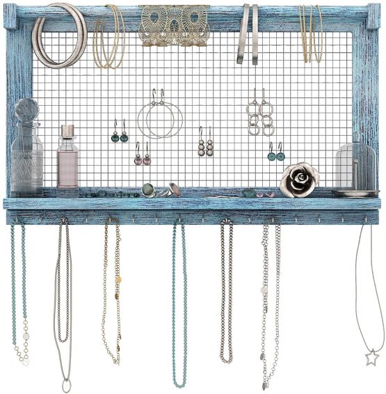 Comfify Rustic Jewelry Organizer – Wall Mounted Jewelry Holder Organizer with Removable Bracelet Rod and 16 Hooks – Perfect Earrings, Necklaces and Bracelets Holder – Vintage Jewelry Display