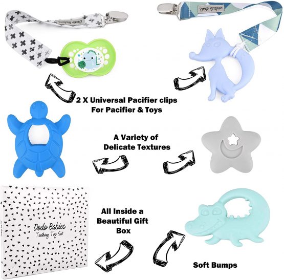 Teething Toys by Dodo Babies Pack of 4 + 2 Dummy Clips and A Dummy Case, Premium Quality Animals Teether Pain Relief for Boys and Girls, Chew Toy or Soothie, Baby Shower Gift Set - Image 2