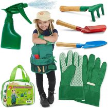 Born Toys Kids Gardening Set, Garden Tools, Kids Gardening Gloves and Washable Apron Set for Real or Sand Gardening and Dress up or Halloween