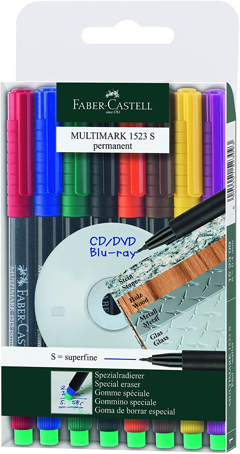 Faber-Castell 1523 09 Multimark Permanent Marker Pen Thickness S Pack of 8, various, 8 count (Pack of 1)