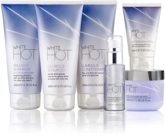 White Hot Ultimate Collection, hair care products to brighten, add gloss & shine to white and grey hair, purple shampoo, banishes yellowy tones.