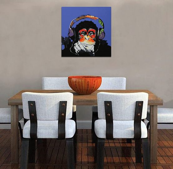 Fokenzary 100% Hand Painted Oil Painting on Canvas Pop Art Cute Gorilla Listening to Music with Headphone with Frame Ready to Hang - Image 2
