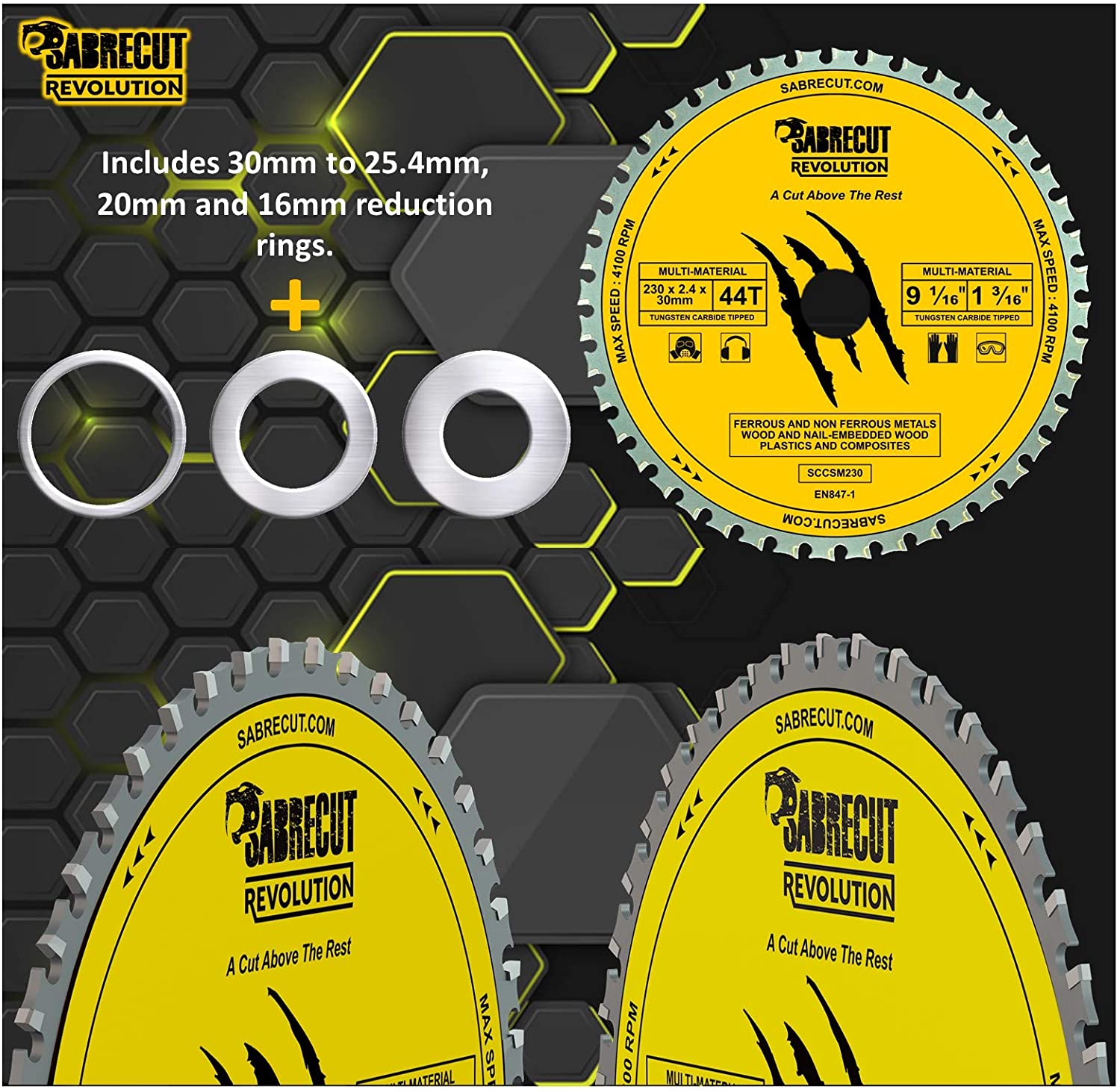 1 x SabreCut SCCSM230_44 230mm 44T x 30mm 25.4mm 20mm 16mm Bore Multi-Material Metal Wood Plastic Circular Saw Blade - Image 3