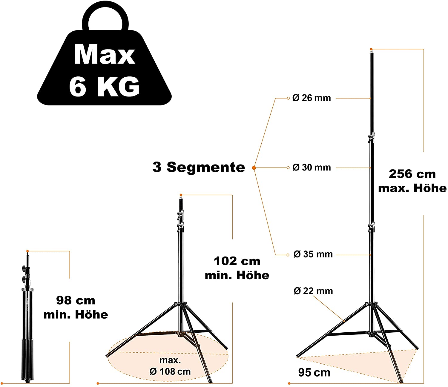 Walimex pro 3x lamp tripod WT-806 with spring damping I height max. 256cm I stable light tripod loadable up to 6kg I lighting tripod for ring light reflector - Image 2