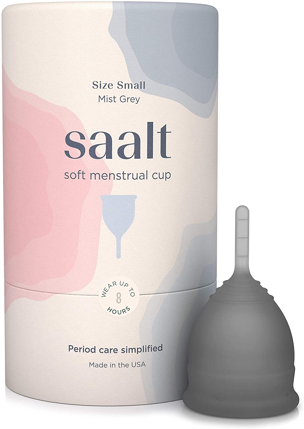 Saalt Soft Menstrual Cup - Super Soft and Flexible - Best Sensitive Cup - Wear for 12 Hours - Made in USA (Grey, Small)