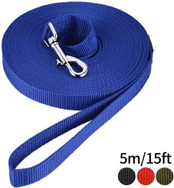 HAPPY HACHI Dog Training Lead Leash, Long Dog Line Nylon Cotton Webbing Recall Rope Leash for Pet Tracking Training Recall Obedience (5m/15ft,Blue)