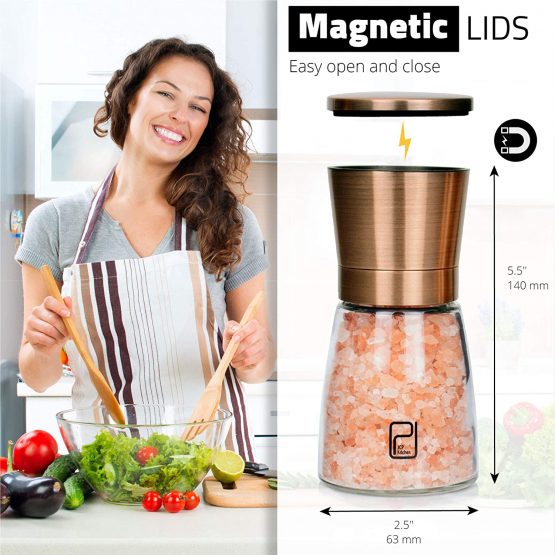Premium Copper Salt and Pepper Mill Set - Stainless Steel Grinder Set with Stand, Magnetic Lids, Ceramic Spice Grinders with Adjustable Coarseness, Top Salt and Pepper Shakers with Glass Body - 2pcs - Image 4