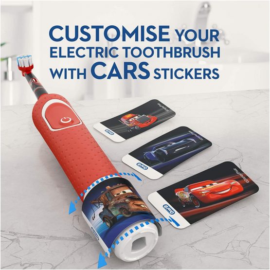 Oral-B Kids Electric Toothbrush, 1 Toothbrush Head, x4 Cars Stickers, 2 Modes with Kid-Friendly Sensitive Mode, For Ages 3+, 2 Pin UK Plug, Red - Image 2