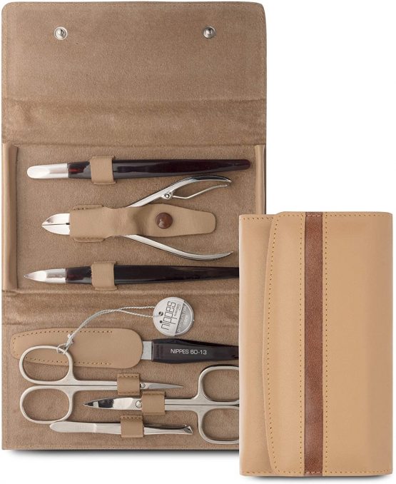 Nippes Solingen Nippes Premium Line Manicure Set 7 Pieces Real Cowhide Leather Case with Press Stud Beige - Image 2