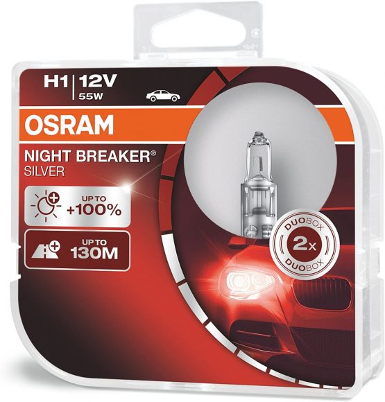OSRAM NIGHT BREAKER SILVER H1, +100% more brightness, halogen headlamp, 64150NBS-HCB, 12V, passenger car, duo box (2 lamps)