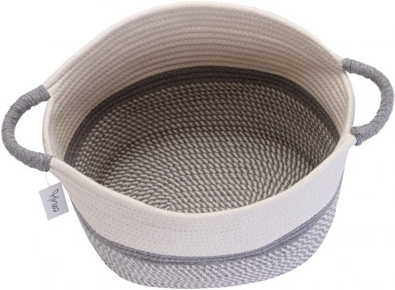 Hinwo Cotton Rope Storage Basket Collapsible Laundry Hamper Nursery Storage Bin Container Organizer with Handles, 15.7 x 12.6 inches, Off White and Grey (HWSB0009A UK) - Image 3