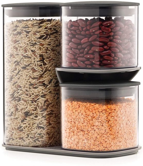 Joseph Joseph 81072 Podium 3-Piece Air Tight Kitchen Storage Jar Set with Stand, Grey- Set of 3 - Image 3