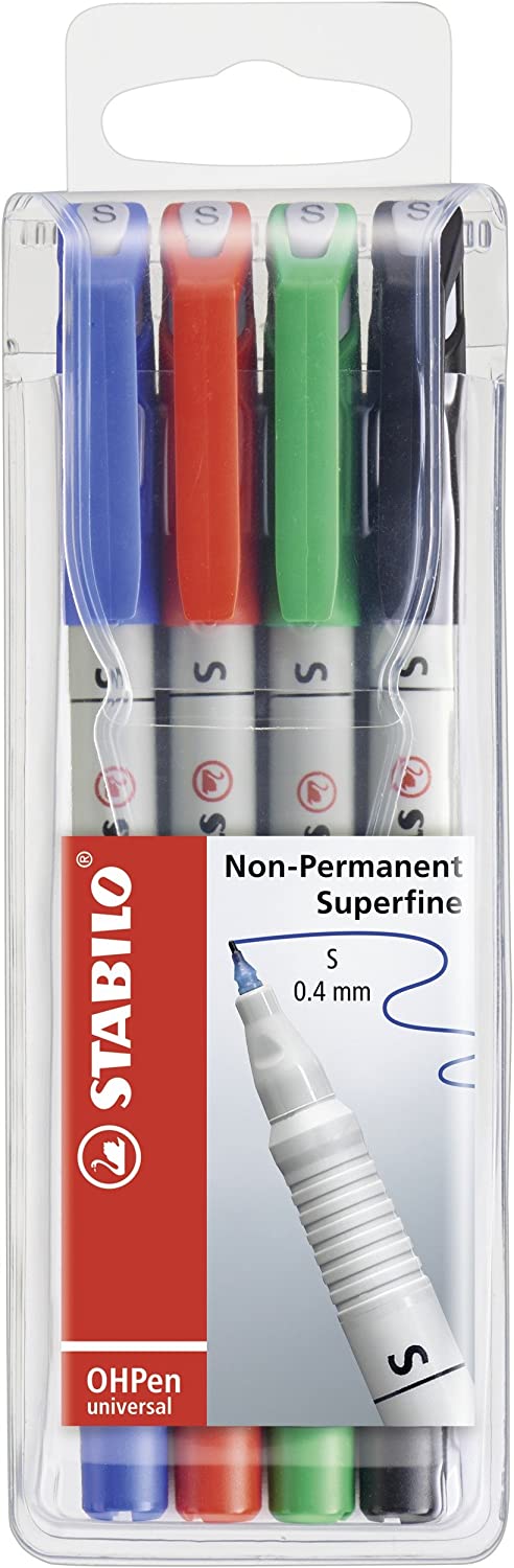 STABILO OHP Pen OHP Pen Soluble, Superfine, Wallet of 4, Assorted Colours, Superfine Wallet of 4 Assorted Colours