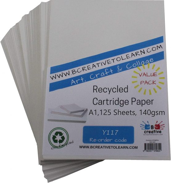 100% Eco Recycled Art A1 Cartridge Paper White Great Art Paper 140gsm Pack of 125 Sheets - Suitable for bookmaking, Sketching, Painting, Printing and More