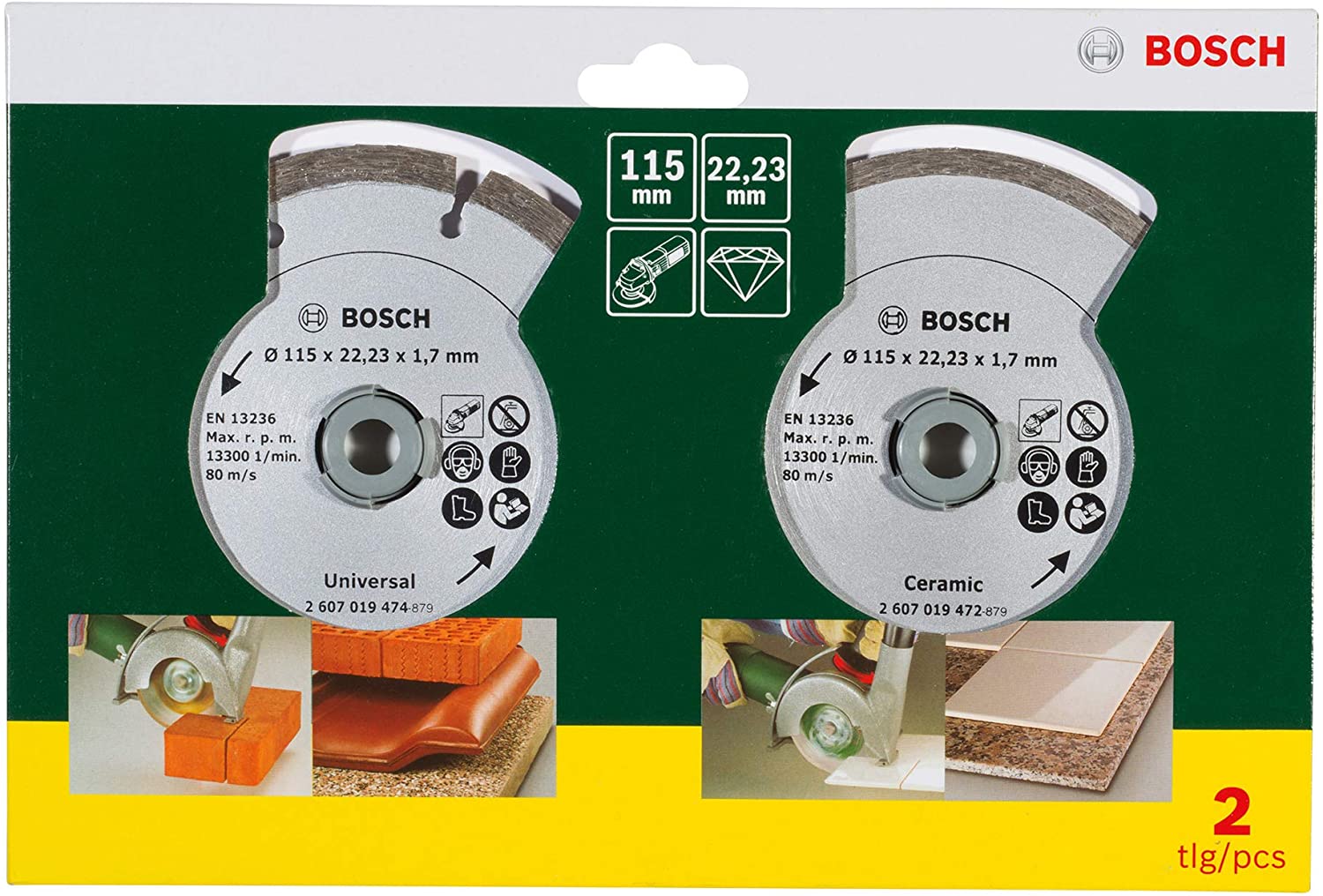 Bosch 2 x 115mm Diamond Discs (1 x Tile, 1 x Construction Material), Silver, 115 mm - Image 2