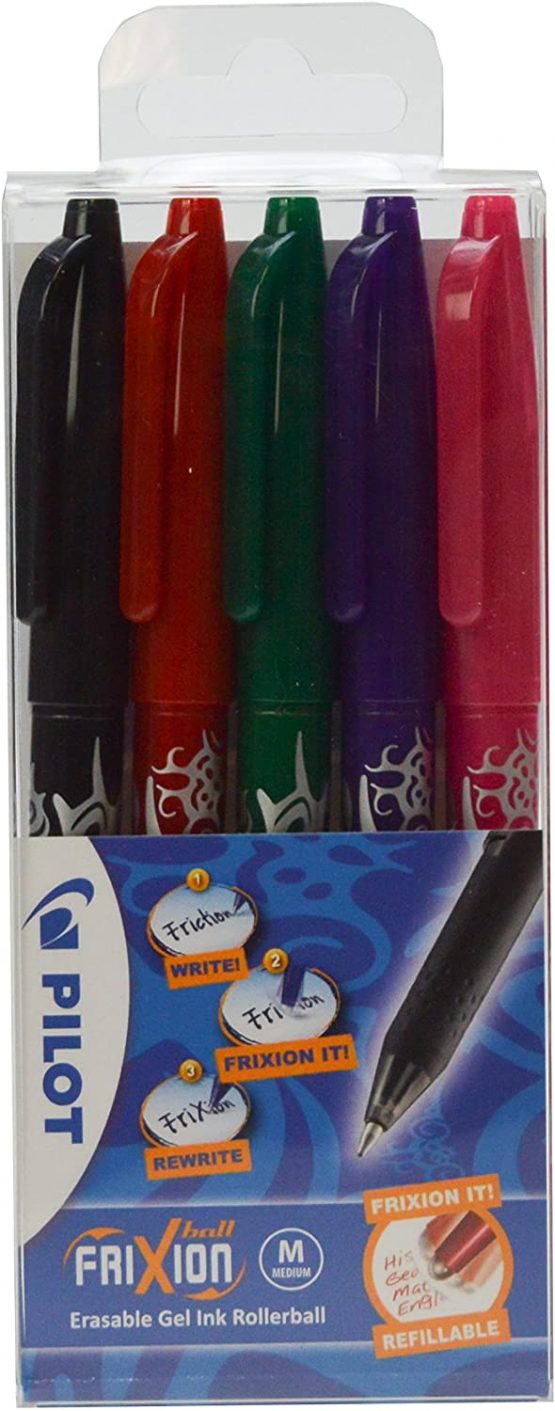Pilot Frixion Erasable Rollerball, 0.7 mm - Black/Red/Green/Purple/Pink, Pack of 5