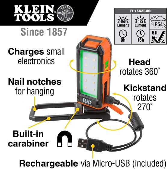 Klein Tools LED Work Light USB Rechargeable with Built-in Kickstand and Carabiner for Illumination and Charging Small Electronic Devices 56403 - Image 2