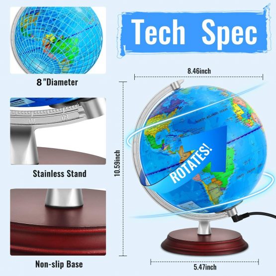 TTKTK Illuminated World Globe for kids Rewritable with Wooden Stand,Built in LED for Educational Night View Globe lamp for Kids Home Décor and Office Desktop（Contains pen and Cleaning Cloths） - Image 4