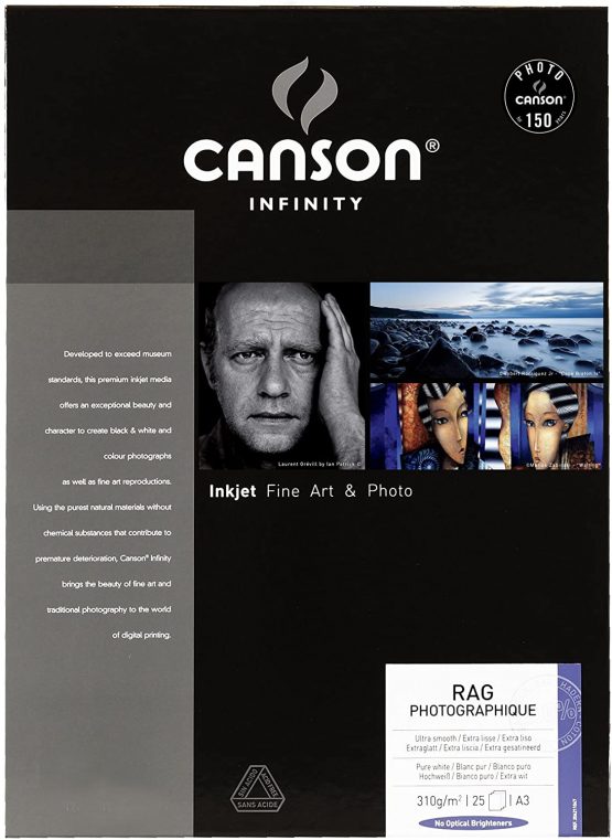 Canson Infinity Rag Photographique 310gsm,white matte inkjet paper, A3, box of 25 sheets