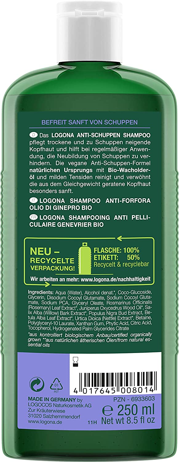 LOGONA Naturkosmetik Anti-dandruff shampoo for naturally healthy hair suitable for flaky scalp hair shampoo with vegan formula made of organic juniper oil - Image 2