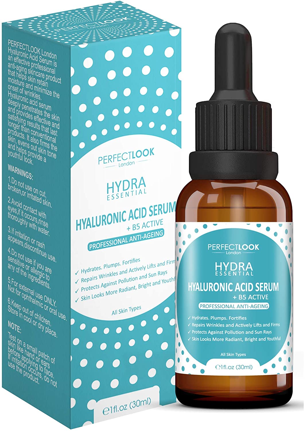 Perfect Look London 5% Hyaluronic Acid Serum for Face with Centella Asiatica and Vitamin B5, 97.6% Natural Ingredients
