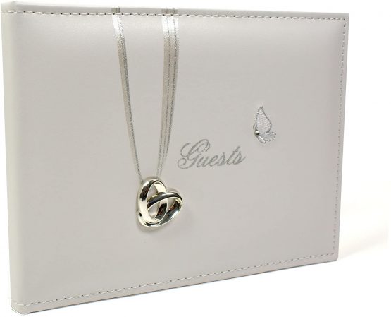 Cream Leather Wedding Guest Book With Ring and Butterfly 40 Pages