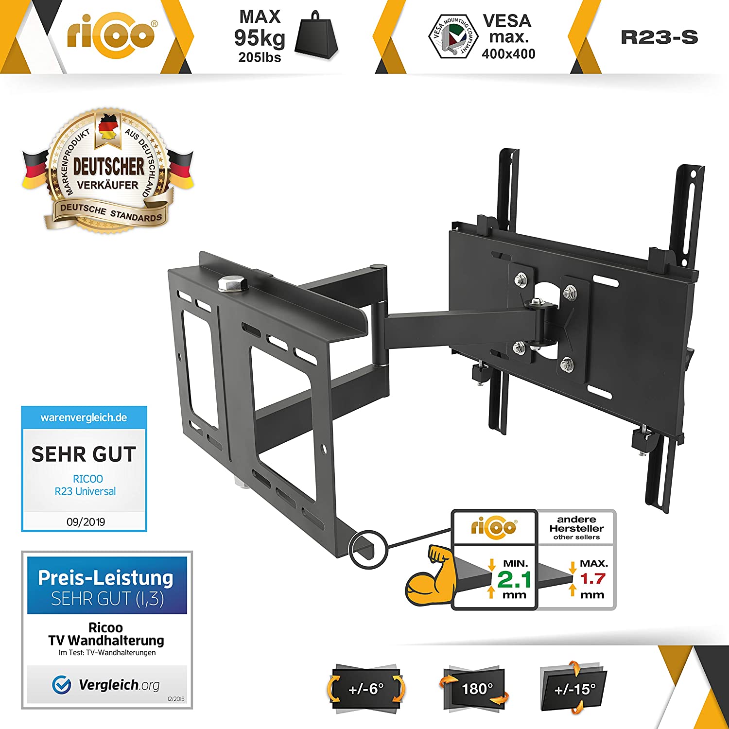RICOO TV Wall Mount Tilt Swivel approx 40-75 Inch Bracket for LED LCD OLED Curved and Flatscreens R23-S Universal for VESA 200x200-400x400 - Image 2