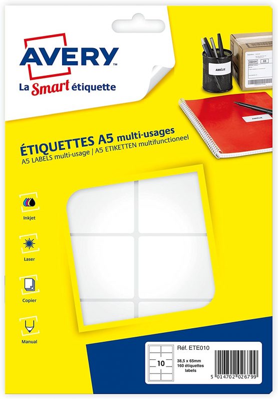 Avery Multi-Purpose Labels (10 per Sheet 160) – 38,5x65 mm Sheet A5 (ete010)