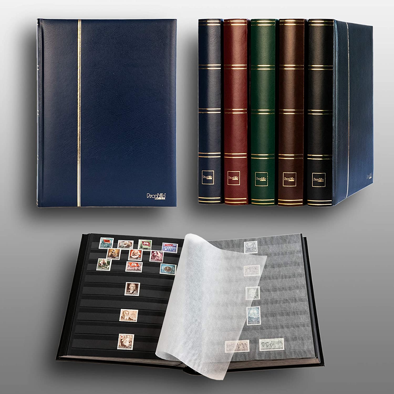 Prophila Stockbook stamp album (new) 60 black pages, blue cover, 9" x 12"