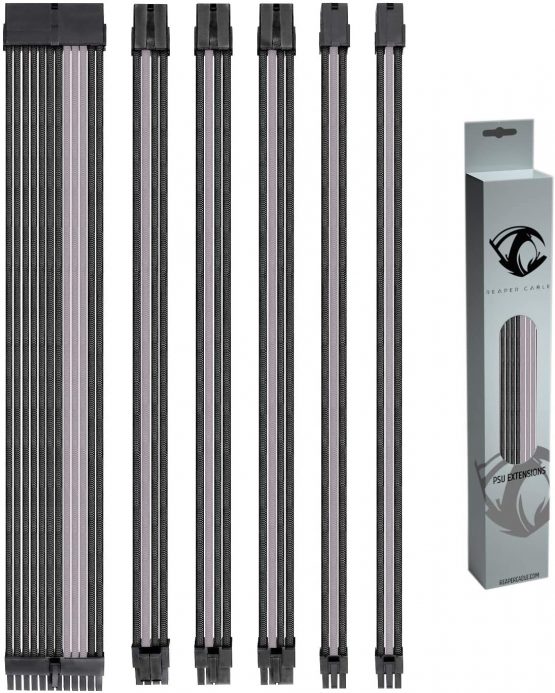 Reaper Cable Sleeved PSU Extension Set - Power Supply Extensions - 1x 24 Pin/ 2x 8 Pin/ 2x 6 Pin/ 1x 4+4 Pin - With Combs - 30cm (Carbon & Billet Grey)