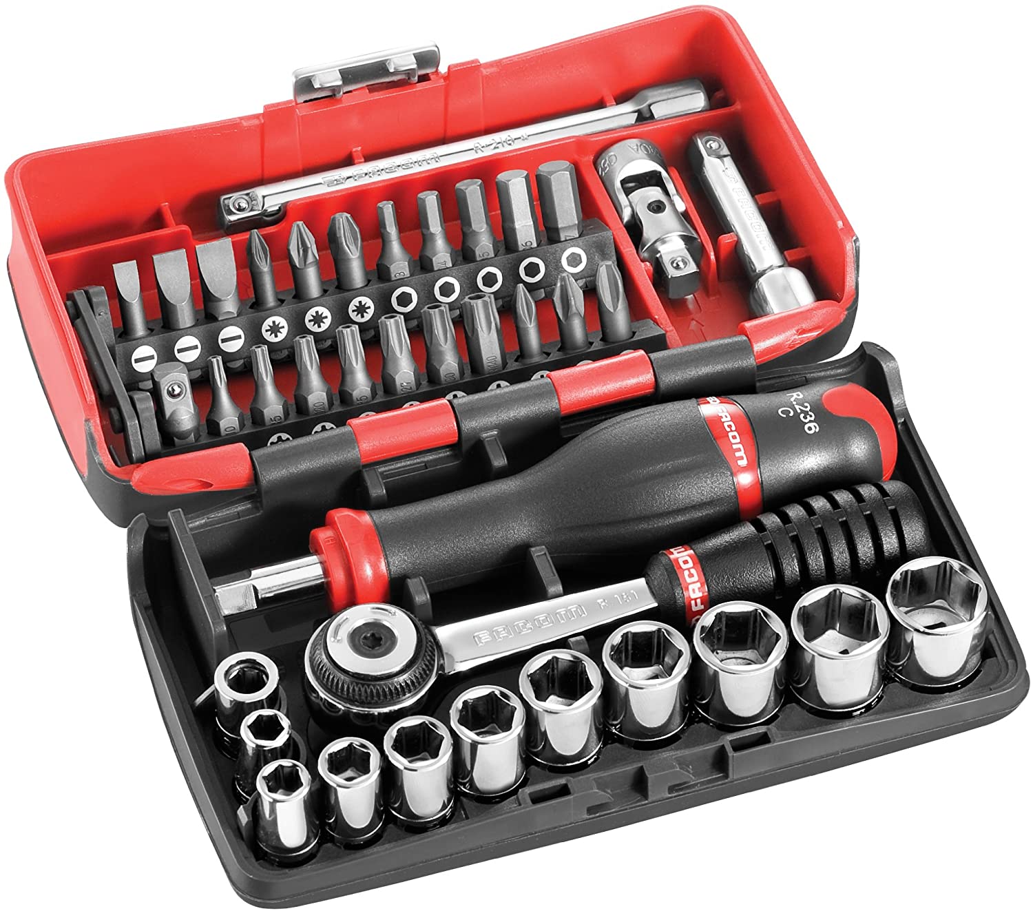FACOM, 1/4 Inch Metric 6-Point Socket Set and Bits, Complete Tool Set, 38 Pieces with Ratchet, Sockets, Extensions, Gimbal