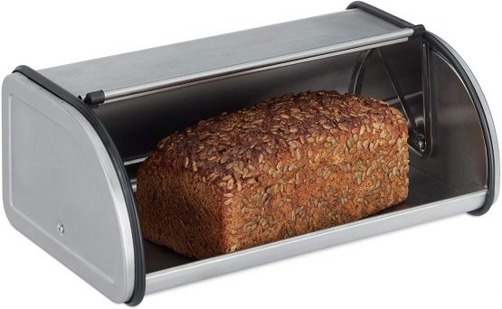 Relaxdays Stainless Steel Bread Bin, Small Bread Box, Keeps Bread Fresh, Flat and Compact, Easy to Clean, Silver