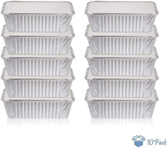 Pack of 10, 1 Litre Aluminum Container Pans with Lids ~ Foil Trays with Lids ~ Good for Baking, Cooking, Storing and Freezing ~ Loaf Size 10.5 x 21cm (4.1 inch x 8.25 inch)