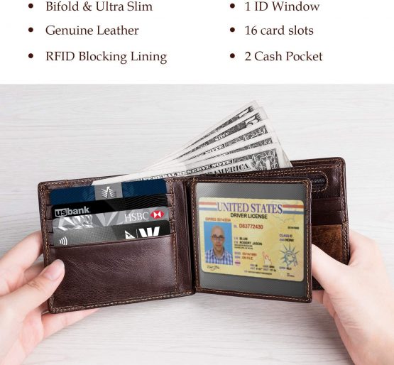 Mens Wallet RFID Genuine Leather Slim Bifold Wallets for Men, ID Window 16 Card Holders Gift Box (Tan, Zipped Pocket) (Brown) - Image 4
