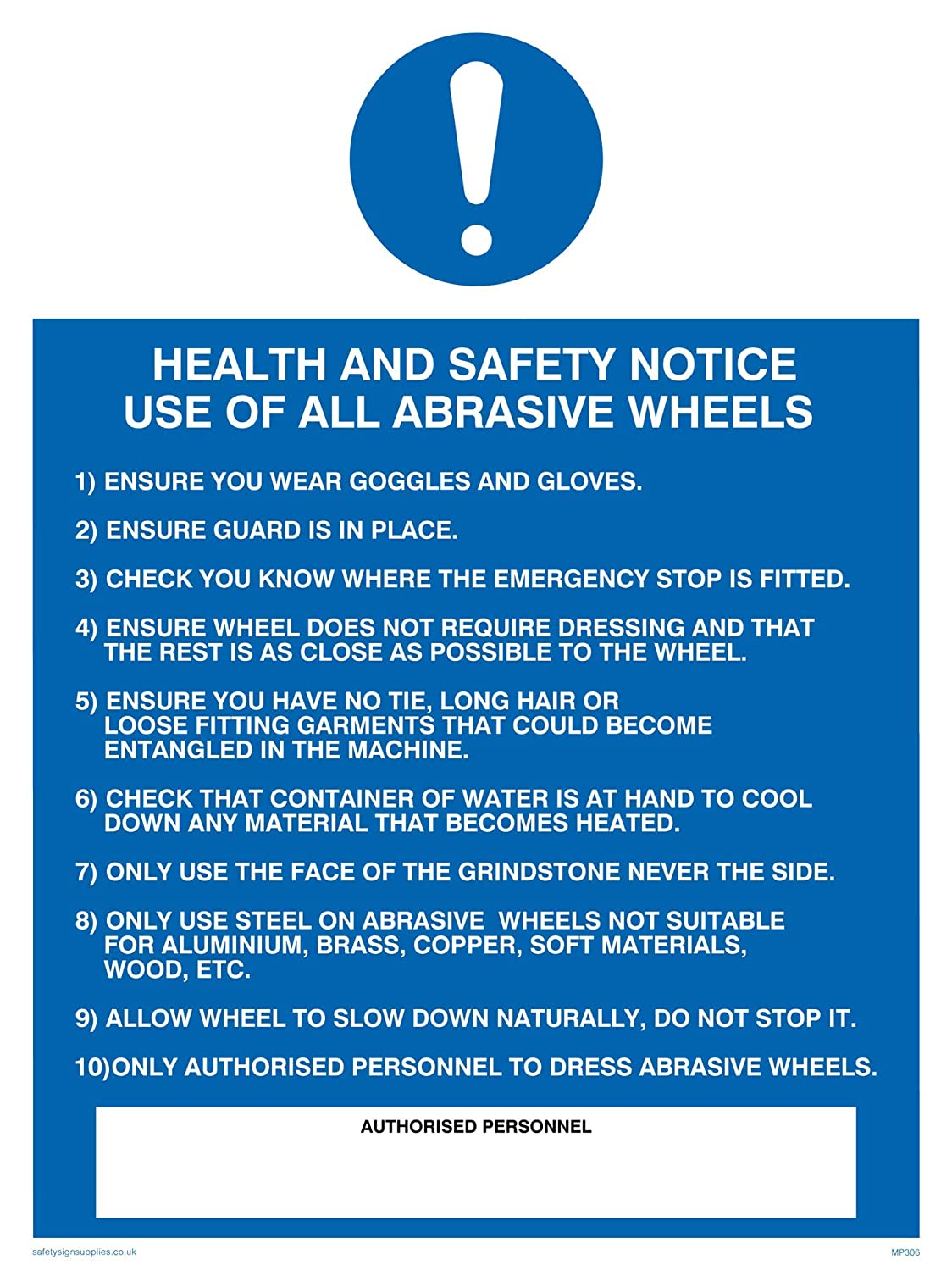 Viking Signs MP306A3PAC Health and Safety Notice Use Of All Abrasive