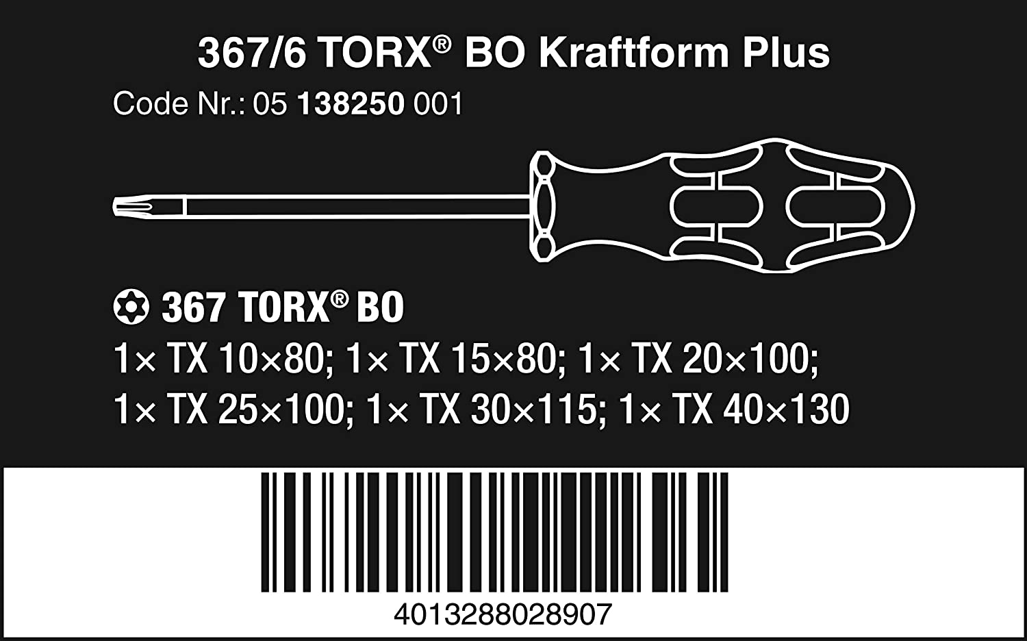 Wera 05138250001 Kraftform Plus 367/6 BO TORX Tamperproof Screwdriver Set, TX10 to 40, 6 Piece, White - Image 2