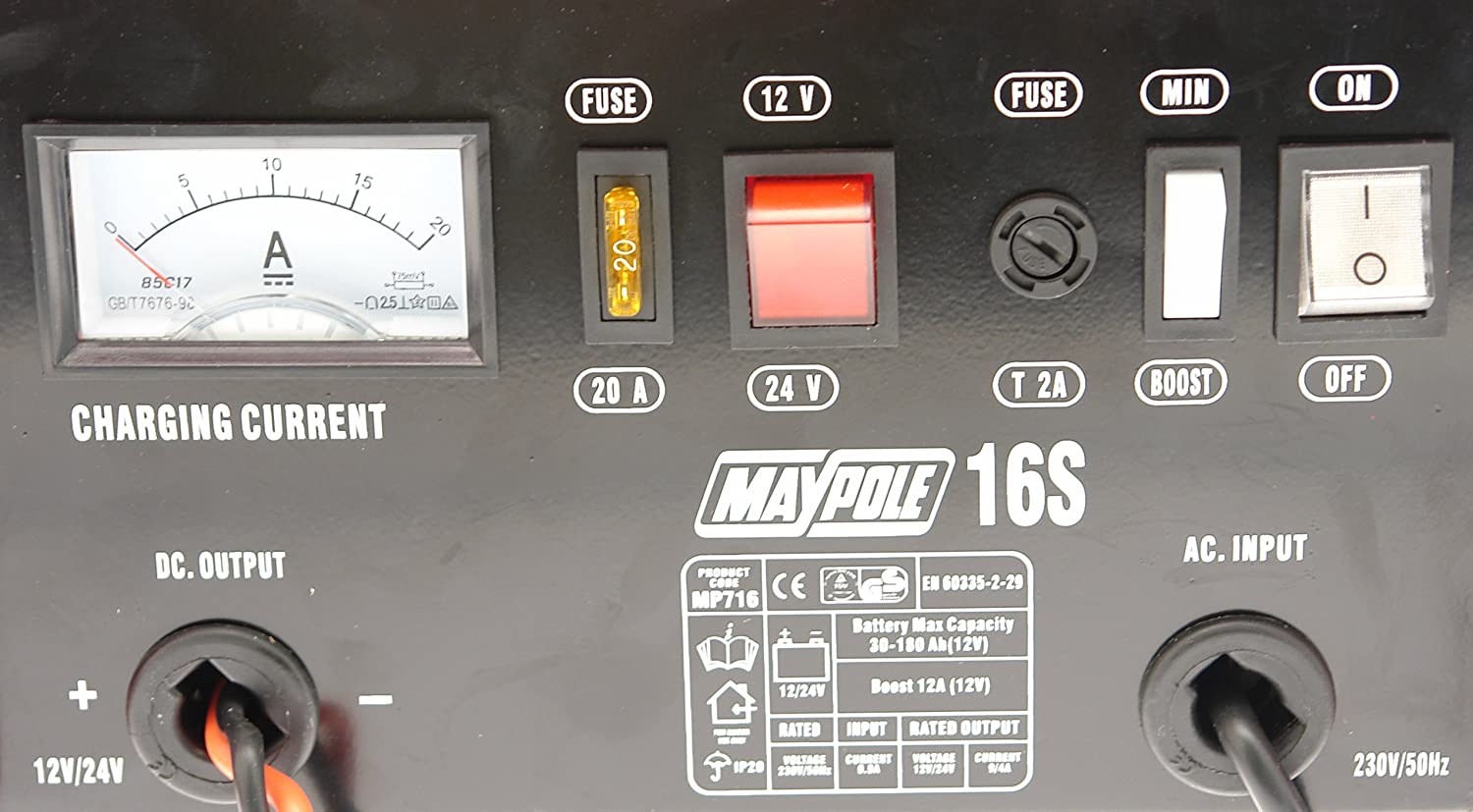 Maypole 12A 12/24V Metal Cased Car Battery Charger Lead Acid AGM Car Caravan Motorhome Van, Black, 12A 12V/24V - Image 3