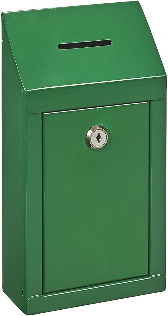 Metal Easy Wall Mounting or CounterTop Charity Donation Collection Box Secure Suggestion and Ballot Box with Top Coin Slot, Lock Included with 2 Keys (Green)