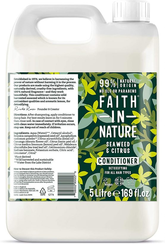 Faith In Nature Natural Seaweed and Citrus Conditioner, Detoxifying, Vegan and Cruelty Free, No SLS or Parabens, For Normal to Dry Hair, 5 L Refill Pack