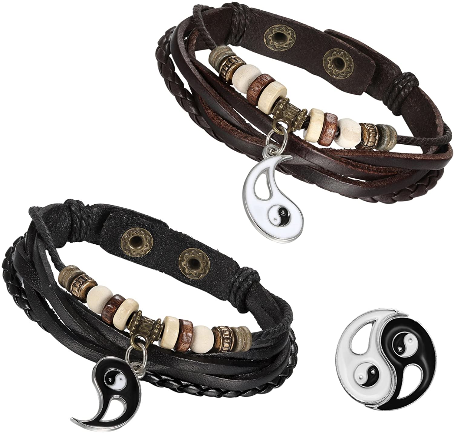 Flongo Men's Womens 2PCS Vintage Taichi Yin Yang Matching Beads Leather Strap Cuff Bracelet, 8.7 inch, Model A, 22 cm